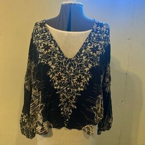 Free People relaxed fit quarter length blouse fabric buttons black white brown